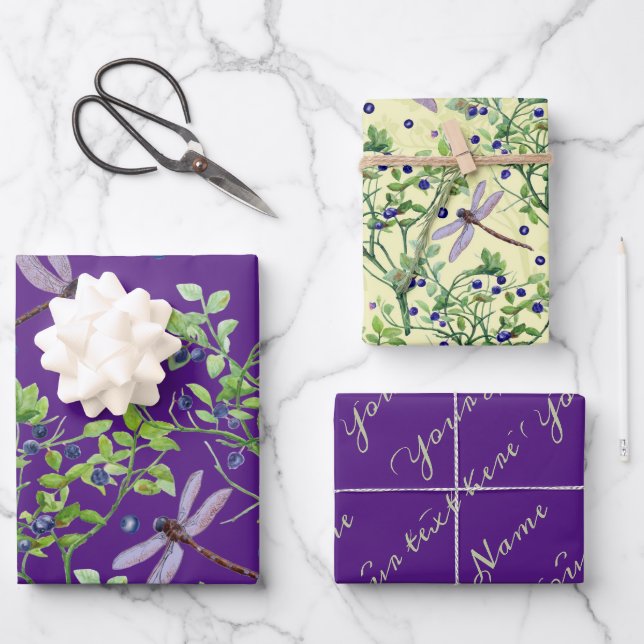 Feuille De Papier Cadeau Motif de myrtille avec libellules (Recto)