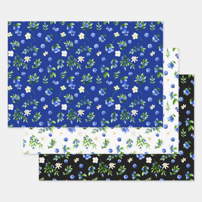 Feuille De Papier Cadeau Motif de myrtilles et de feuillage (Lot)