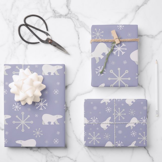 Feuille De Papier Cadeau Motif de Noël avec ours polaires et flocons de nei (Recto)