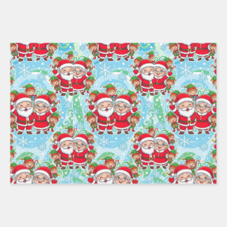 Feuille De Papier Cadeau Motif de Noël avec un joli Père Noël et des lutins