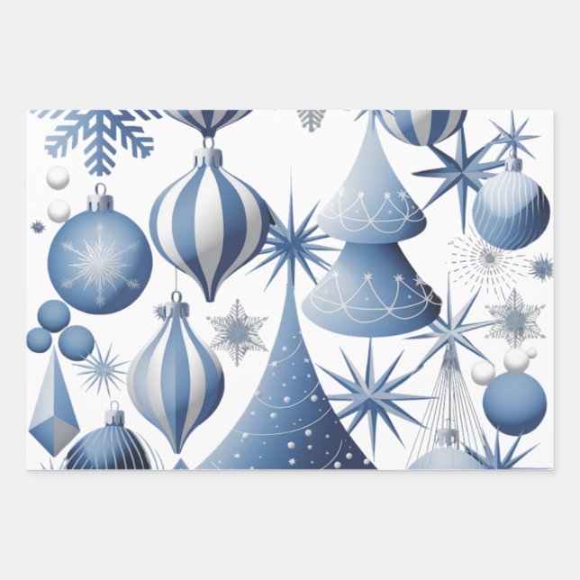 Feuille De Papier Cadeau Motif de Noël bleu et blanc (Devant)