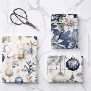 Feuille De Papier Cadeau Motif de Noël bleu et or sophistiqué