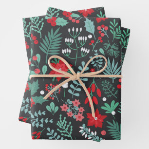 Feuille De Papier Cadeau Motif de Noël botanique mignon - Poinsettias