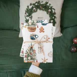 Feuille De Papier Cadeau Motif de Noël coloré tendance   Aquarelle