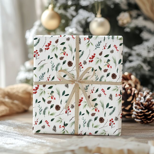 Feuille De Papier Cadeau Motif de Noël de l'aquarelle botanique de Berry ro (Créateur téléchargé)