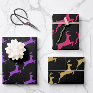 Feuille De Papier Cadeau Motif de Noël élégant Renne pailleté sur fond noi