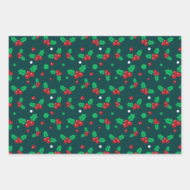 Feuille De Papier Cadeau Motif de Noël Holly Berry Mistletoe (Devant)