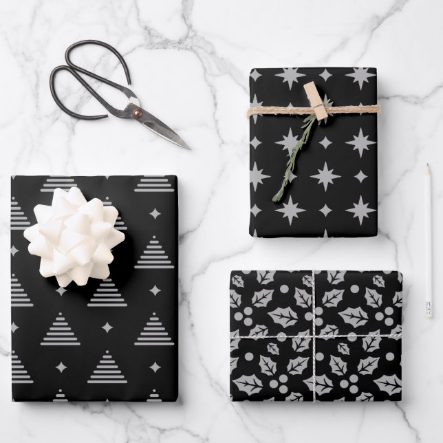 Feuille De Papier Cadeau Motif de Noël moderne noir et argent (Recto)