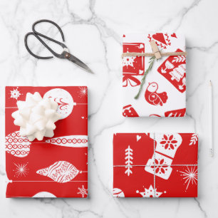 Feuille De Papier Cadeau Motif de Noël rouge et blanc scandinave