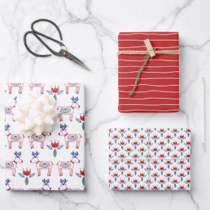 Feuille De Papier Cadeau Motif de Noël rouge tiré à la main populaire scand