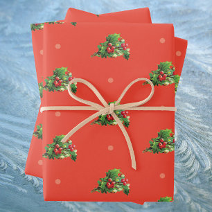 Feuille De Papier Cadeau Motif de Noël vintage avec plantes de baies de hou