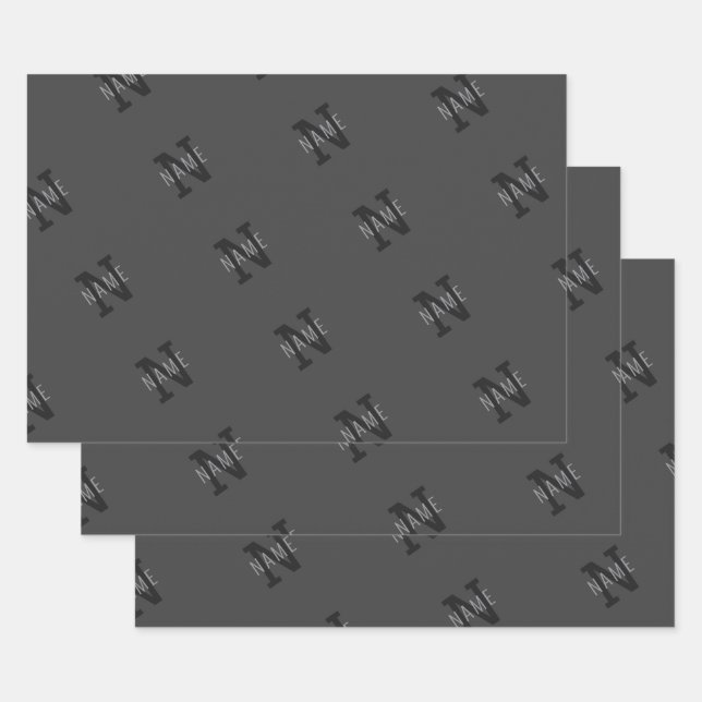 Feuille De Papier Cadeau Motif de nom et monogramme gris (Lot)