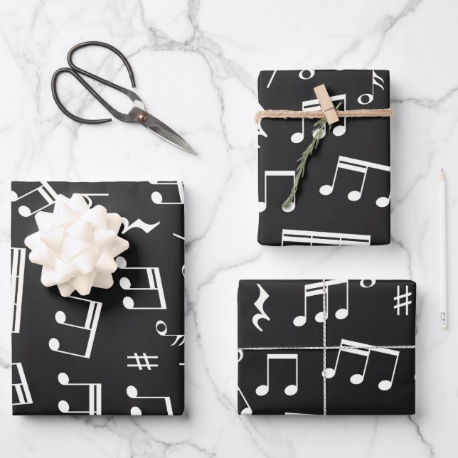 Feuille De Papier Cadeau Motif de notes de musique en noir et blanc (Recto)