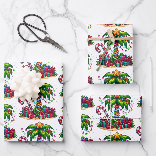 Feuille De Papier Cadeau Motif de palmier de Noël tropical (Recto)