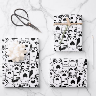 Feuille De Papier Cadeau Motif de pattes de chats mignons noir blanc
