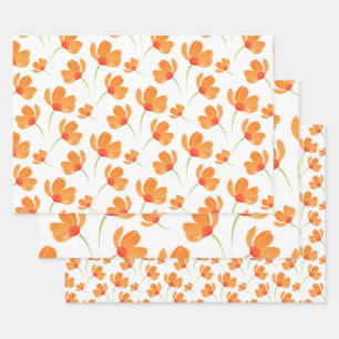 Feuille De Papier Cadeau Motif de Poppies d'aquarelle orange