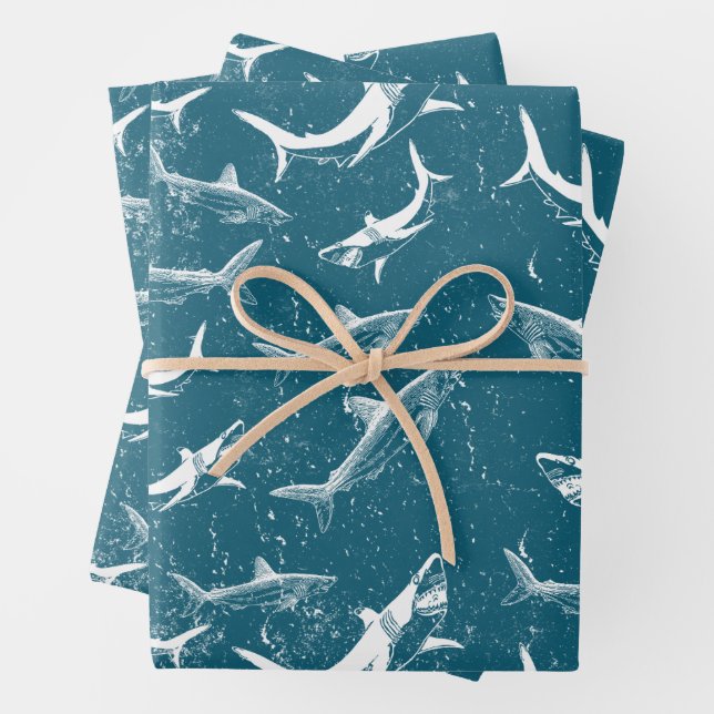 Feuille De Papier Cadeau Motif de requins bleus en détresse (En situation)