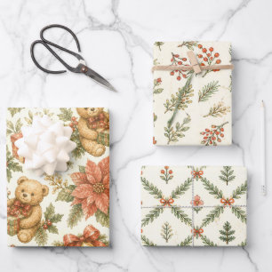 Feuille De Papier Cadeau Motif de rubans et carreaux de Noël à l'aquarelle