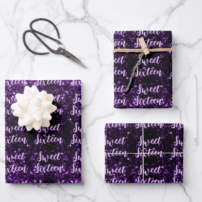 Feuille De Papier Cadeau Motif de script Sweet 16 violet foncé (Recto)