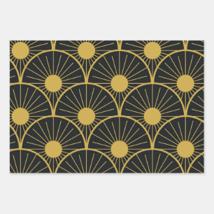 Feuille De Papier Cadeau Motif de soleil doré Art Déco élégant sur fond noi