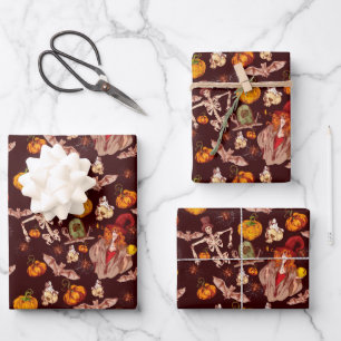 Feuille De Papier Cadeau Motif de sorcières squelettes Halloween gothique