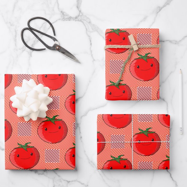 Feuille De Papier Cadeau Motif de tarte à la tomate rouge et rose (Recto)