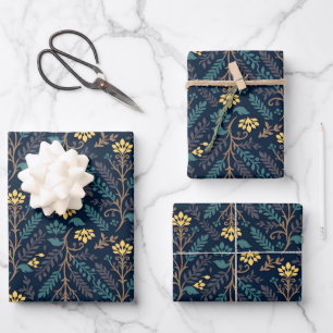 Feuille De Papier Cadeau Motif de tissu bleu foncé élégant avec des fleurs 