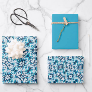 Feuille De Papier Cadeau Motif de tuile florale torse - en bleu