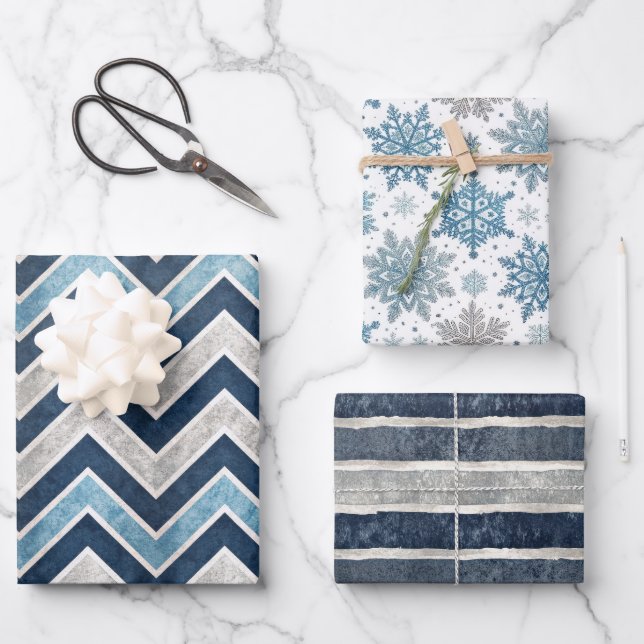 Feuille De Papier Cadeau Motif de vacances de Noël bleu (Recto)