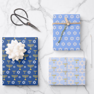 Feuille De Papier Cadeau Motif de vacances Gold et Blue Hanoukka