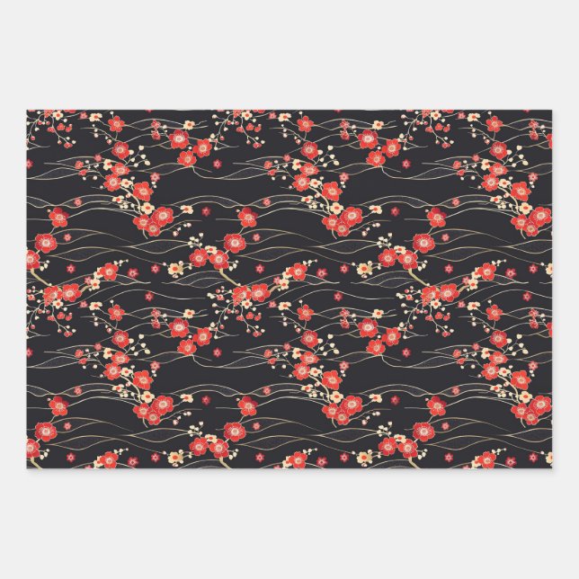 Feuille De Papier Cadeau Motif de vague de fleurs de prune japonaise (Devant)