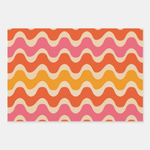 Feuille De Papier Cadeau Motif de vagues de style rétro en rose, orange et