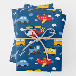 Feuille De Papier Cadeau Motif de véhicules de dessin animé mignon