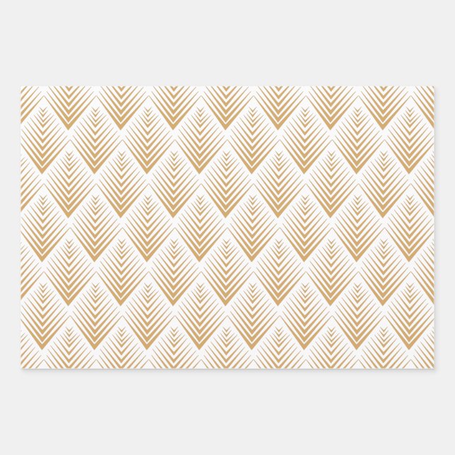 Feuille De Papier Cadeau Motif de ventilateur Gold on White Art Déco (Devant)