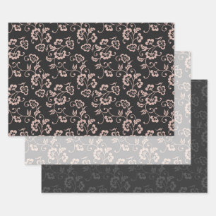 Feuille De Papier Cadeau Motif de vigne florale rose sur fond marron, gris 