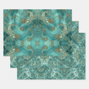 Feuille De Papier Cadeau Motif d'écailles de sirène Aqua Pearlescent & Or