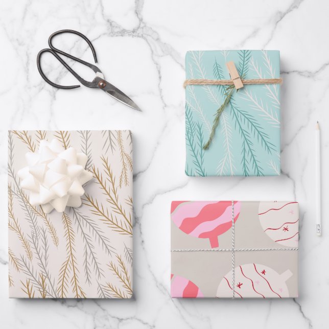 Feuille De Papier Cadeau Motif des branches et des ornements de Noël (Recto)