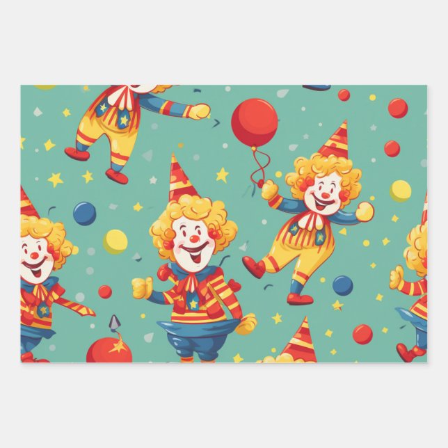 Feuille De Papier Cadeau Motif des Clowns d'Anniversaire (Devant)