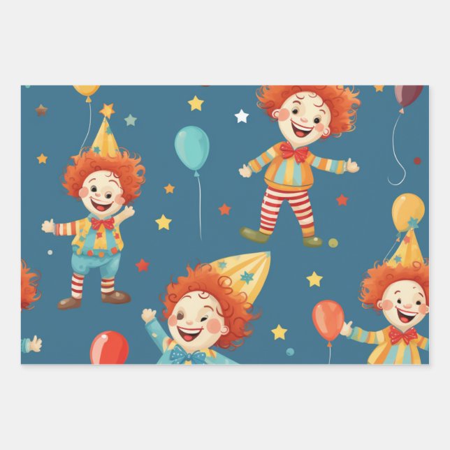 Feuille De Papier Cadeau Motif des Clowns d'Anniversaire (Devant)