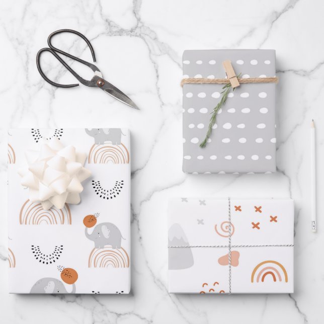 Feuille De Papier Cadeau Motif des éléphants arc-en-ciel (Recto)