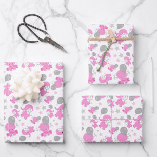 Feuille De Papier Cadeau Motif Des Eléphants Roses, Eléphants Mignons, Étoi