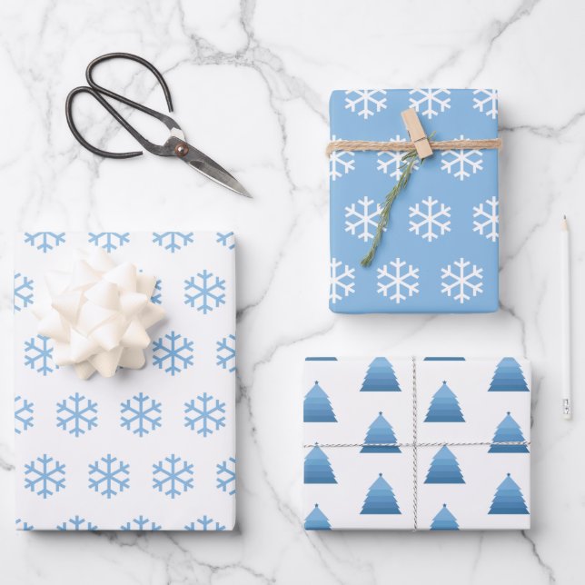 Feuille De Papier Cadeau Motif des flocons de neige et des arbres de Noël (Recto)