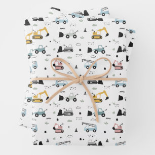 Feuille De Papier Cadeau Motif des véhicules de construction mignons