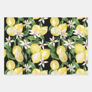 Feuille De Papier Cadeau motif d'été en fleurs de citron sur noir