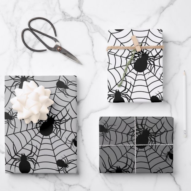 Feuille De Papier Cadeau Motif d'Halloween Black White araignées (Recto)