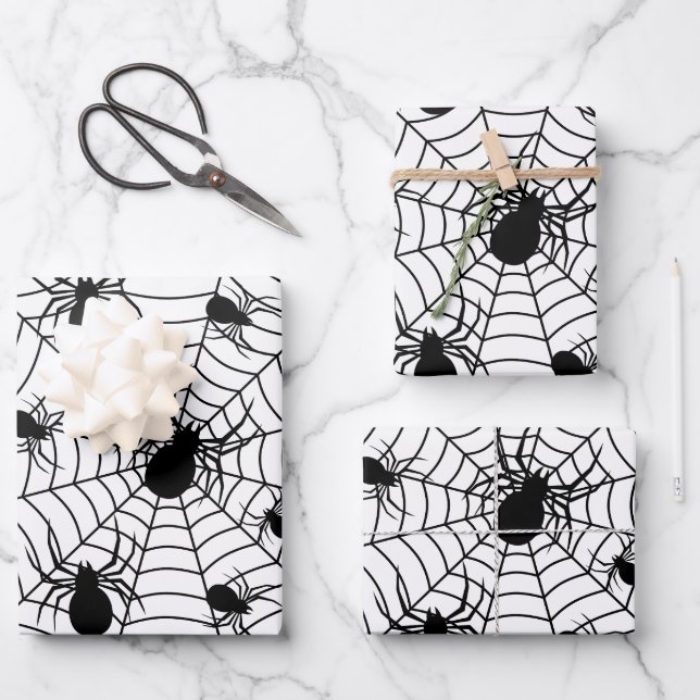 Feuille De Papier Cadeau Motif d'Halloween Black White araignées (Recto)
