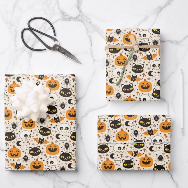 Feuille De Papier Cadeau Motif d'Halloween rétro (Recto)