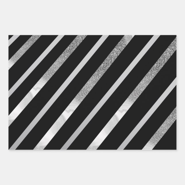 Feuille De Papier Cadeau Motif Diagonal Noir Et Argent (Devant)