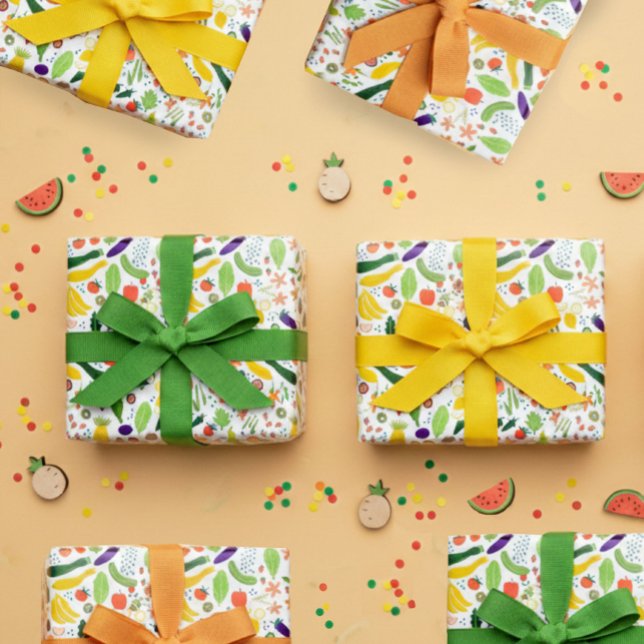 Feuille De Papier Cadeau Motif d'illustration alimentaire de fruits et légu (Fruits & Veggies Food Illustration Pattern Cute Wrapping Paper Sheets
)