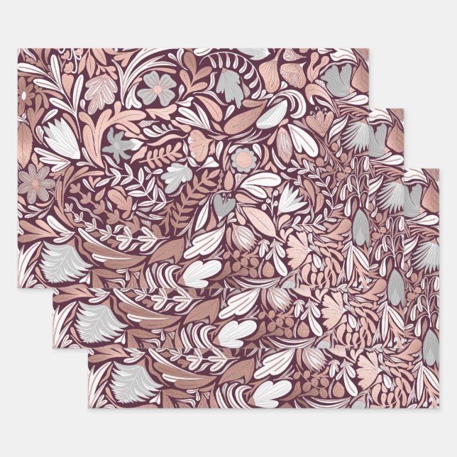 Feuille De Papier Cadeau Motif d'illustrations florales de Bourgogne rose (Lot)